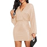 ZAFUL Women's Sequin Saprkly Mini Dress Long Sleeve Homecoming V Neck Bodycon Dress Party Prom Cocktail Glitter Dress