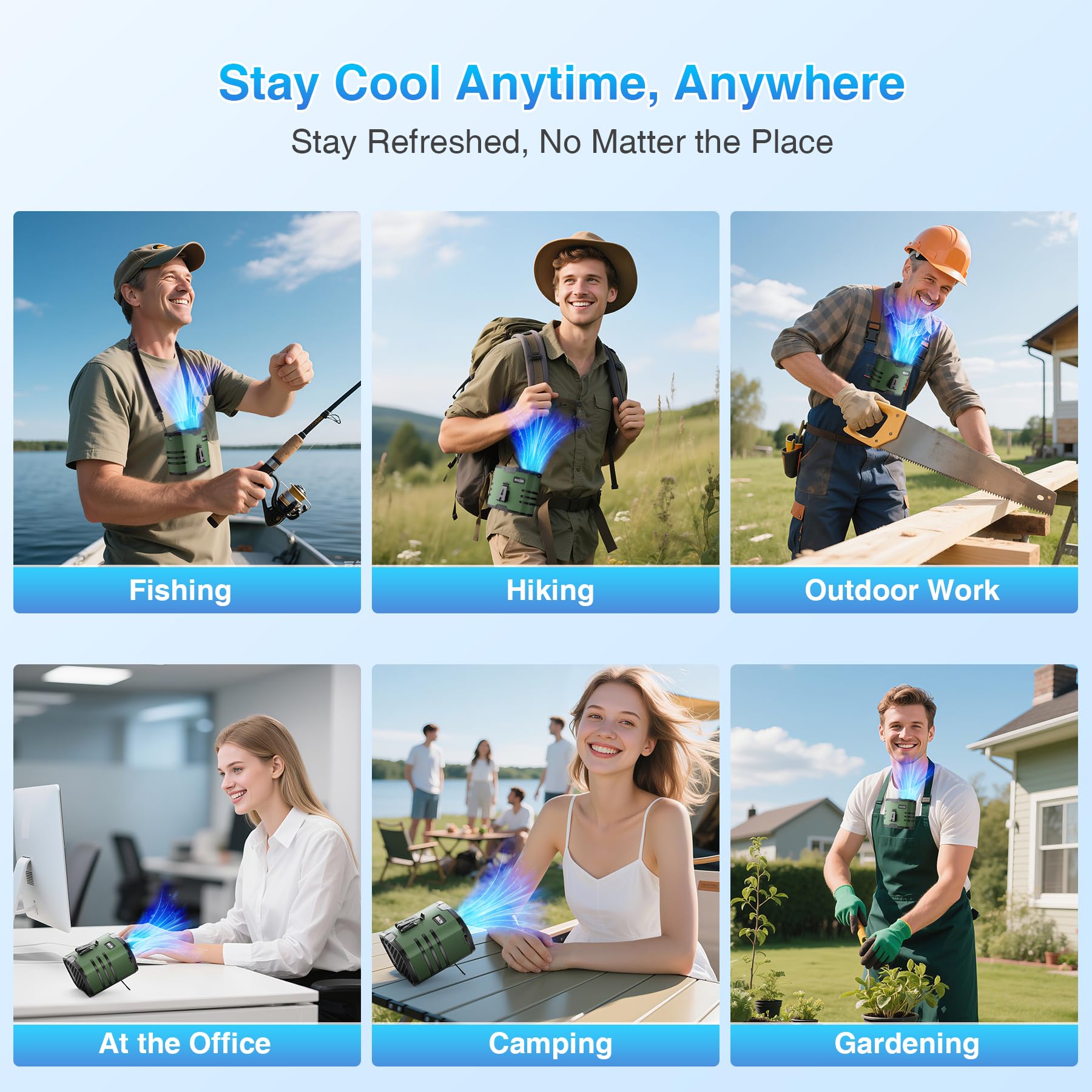 Portable Waist Fan - 10-Speed 26.57ft/s with Clip, Neck Belt Shirt Fan with LED Display & SOS Flashlight, 10000mAh 35H Runtime 10000RPM Cooling Personal for Outdoor, travel, Camping,Farm,Green