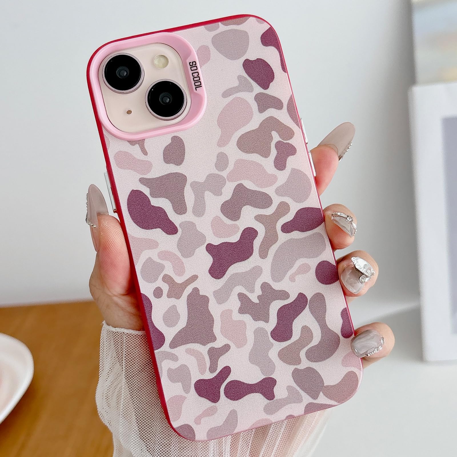 HYUEKOKO for iPhone 15 Case, Vintage Camo Pattern Design for Men Boys Teens, Cool Camouflage Shockproof Protective Cover for Girls Women - Pink
