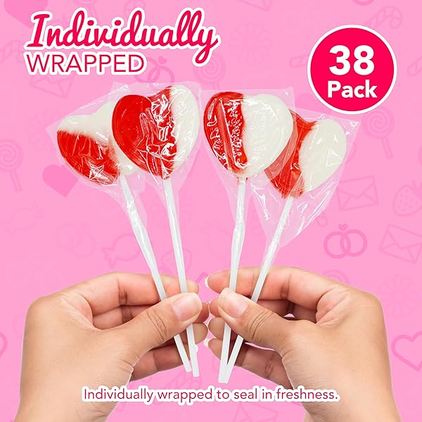 4E’S NOVELTY 38 PACK VALENTINES DAY HEART SHAPED LOLLIPOPS BULK INDIVIDUALLY WRAPPED, STRAWBERRY & CREAM FLAVORED, SUCKERS FOR SCHOOL VALENTINES PARTY FAVORS, VALENTINES CANDY FOR KIDS CLASSROOM EXCHANGE