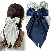 Hair Bows 2 PCS Large Long Tail Bow Hair Clips Satin Silky Ribbon Bow for Hair Ponytail Holder French Coquette Hair Barrettes Parties Accessories Gifts for Women Girls (Gray, Navy Blue)