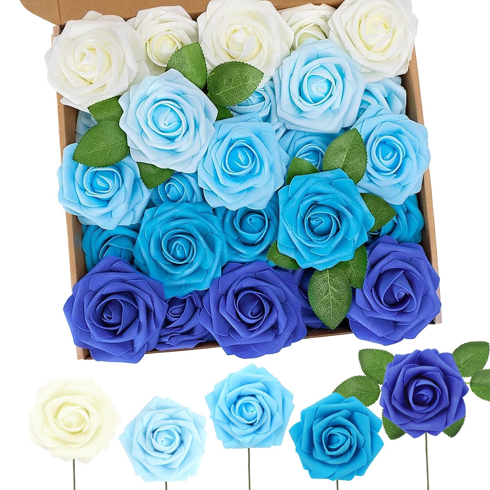 N&T NIETING Artificial Flowers Roses, 50pcs Real Touch Fake Roses with Stems Blue Flower for DIY Wedding Bridal Bouquets Centerpieces, Baby Shower Party, Home Decoration(Series Blue)