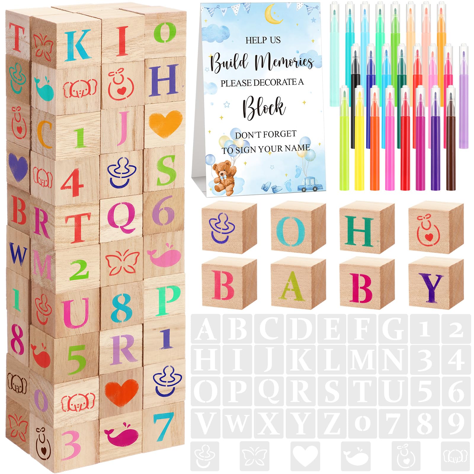 Photo 1 of Wonderjune 147 Pcs Baby Shower Blocks Games Sets, 80 DIY Blank Wooden Block 42 Stencils 24 Watercolor Marker 1 Decorate a Block Game Sign for Gender Reveal Baby Shower Party Supplies(Bear)