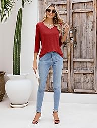 Sherosa Womens 3/4 Sleeve Tops Casual Cotton V Neck