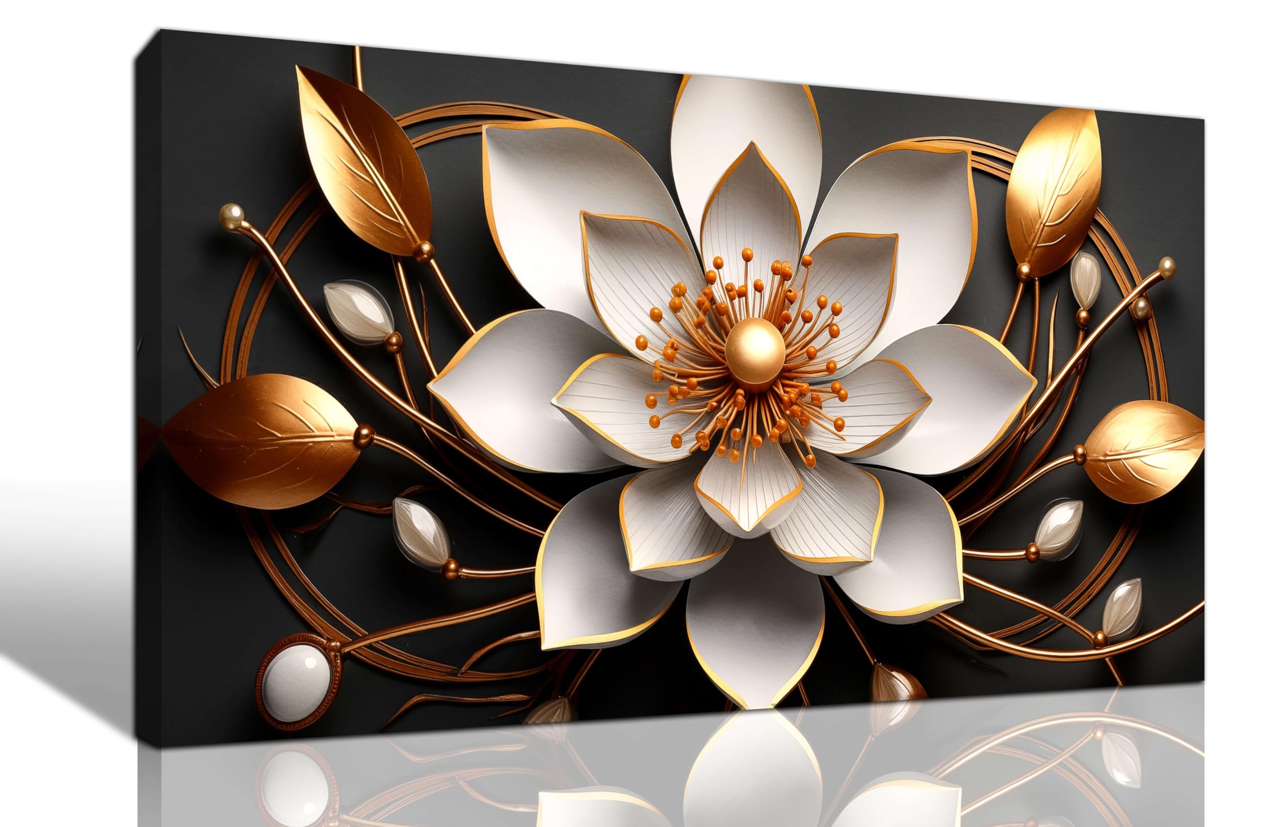 Photo 1 of (see all images) Large Canvas Wall Art Gold and White Flower Picture Wall Decor for Living Room Office Bedroom Decor