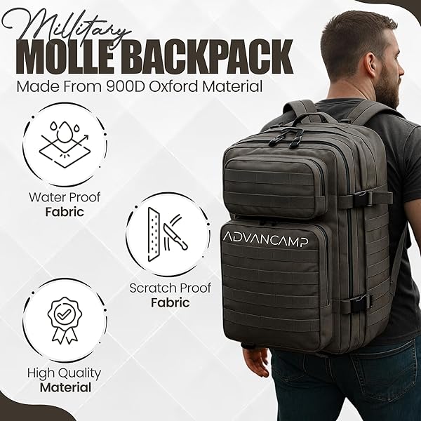 ADVANCAMP 45L MILITARY TACTICAL BACKPACK LARGE DAY PACK FOR MEN – MOLLE RUCKING ASSAULT RUCKSACK, HEAVY-DUTY WATER-RESISTANT BAG FOR HIKING, GYM, TRAVEL & OUTDOOR ADVENTURES – BLACK