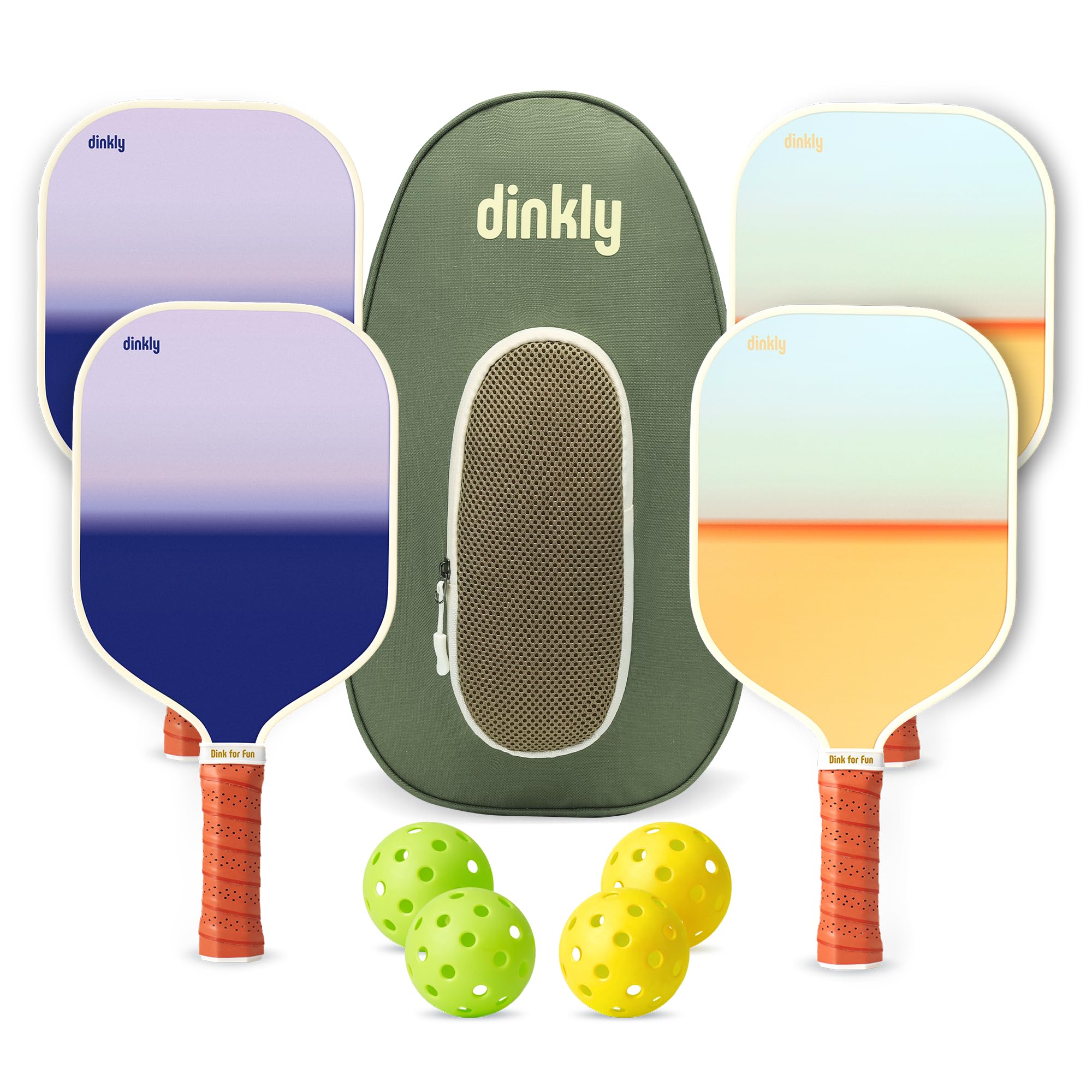 Photo 1 of Dinkly Pickleball Paddles Set of 4 - USAPA Approved Graphite/Fiberglass Pickleball Racket, 4 Pickleball Rackets, 4 Balls and 1 Portable Carry Bag, Pickle Ball Set for Men Women, Yellow Sunset