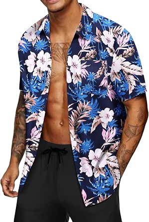 URRU Men's Hawaiian Aloha Shirt - Tiger Floral Print, Short Sleeve Button Down For Summer - View #6