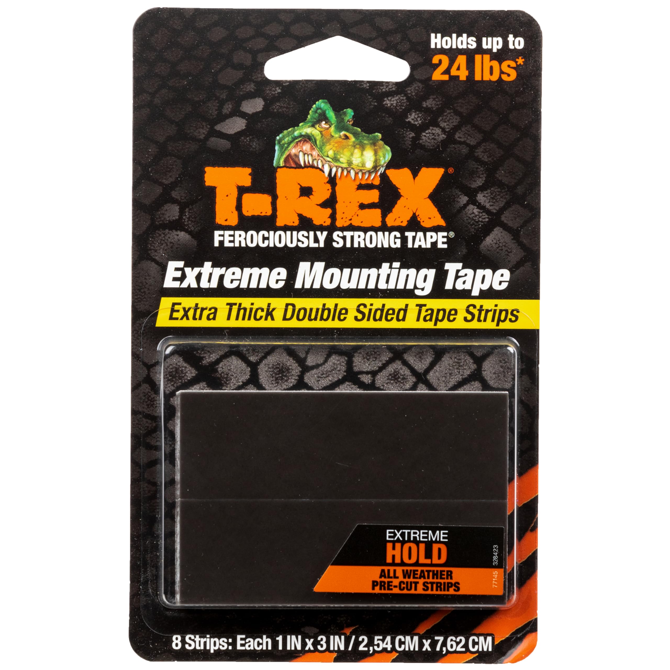 T-REX Tape Extreme Hold Heavy Duty Double Sided Mounting Strips Holds up to 24lbs, 8 Strips each strip is 2.54cm x 7.62cm, Black