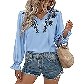 BTFBM Womens Tops Dressy Casual Fall 2025 Boho V Neck Ruffle Long Sleeve Shirts Floral Embroidered Work Business Blouses