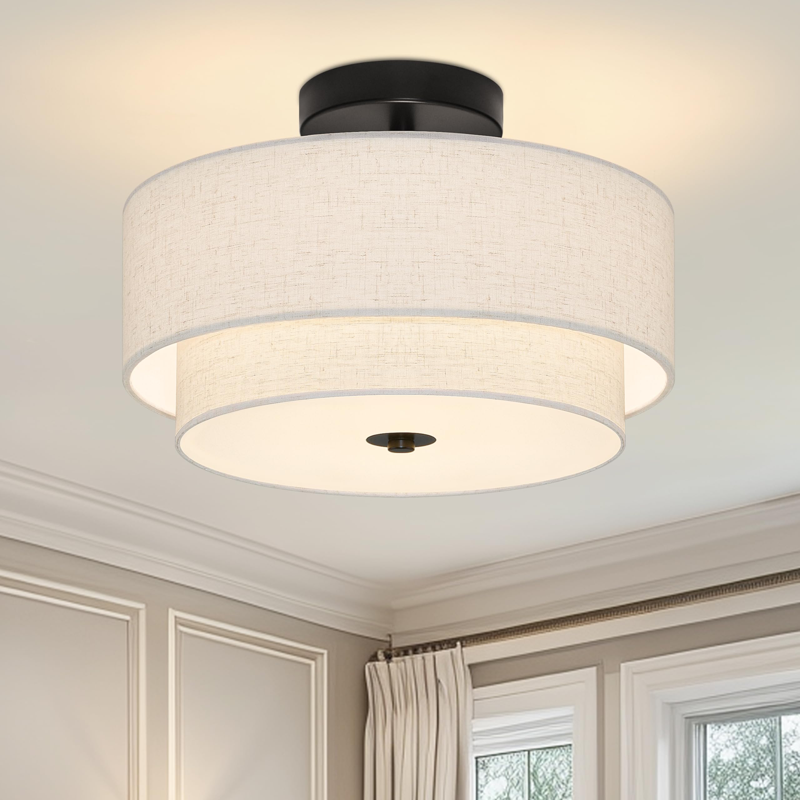 Photo 1 of 2 Light Semi Flush Mount Ceiling Light Fixture 12.6 Inch Modern Black Drum Ceiling Light Fixture with 2-Layer Fabric Shade Dimmable Close to Ceiling Light for Living Room Hallway Bedroom Entryway