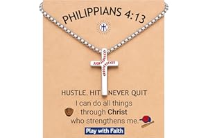 UNGENT THEM Baseball Bible Verse Cross Necklace for Boys Men, 20 Inch Stainless Steel Chain Christian Christmas Gifts