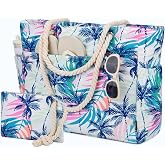 Kasqo Beach Bag for Women, 30L Sandproof Waterproof Tote with Small Pouch | 30L, Firm Bottom, 600D Water-Resistant, Easy-Shake Lining, Matching Pouch, Anti-Theft Back Pocket, Adjustable Rope Handles