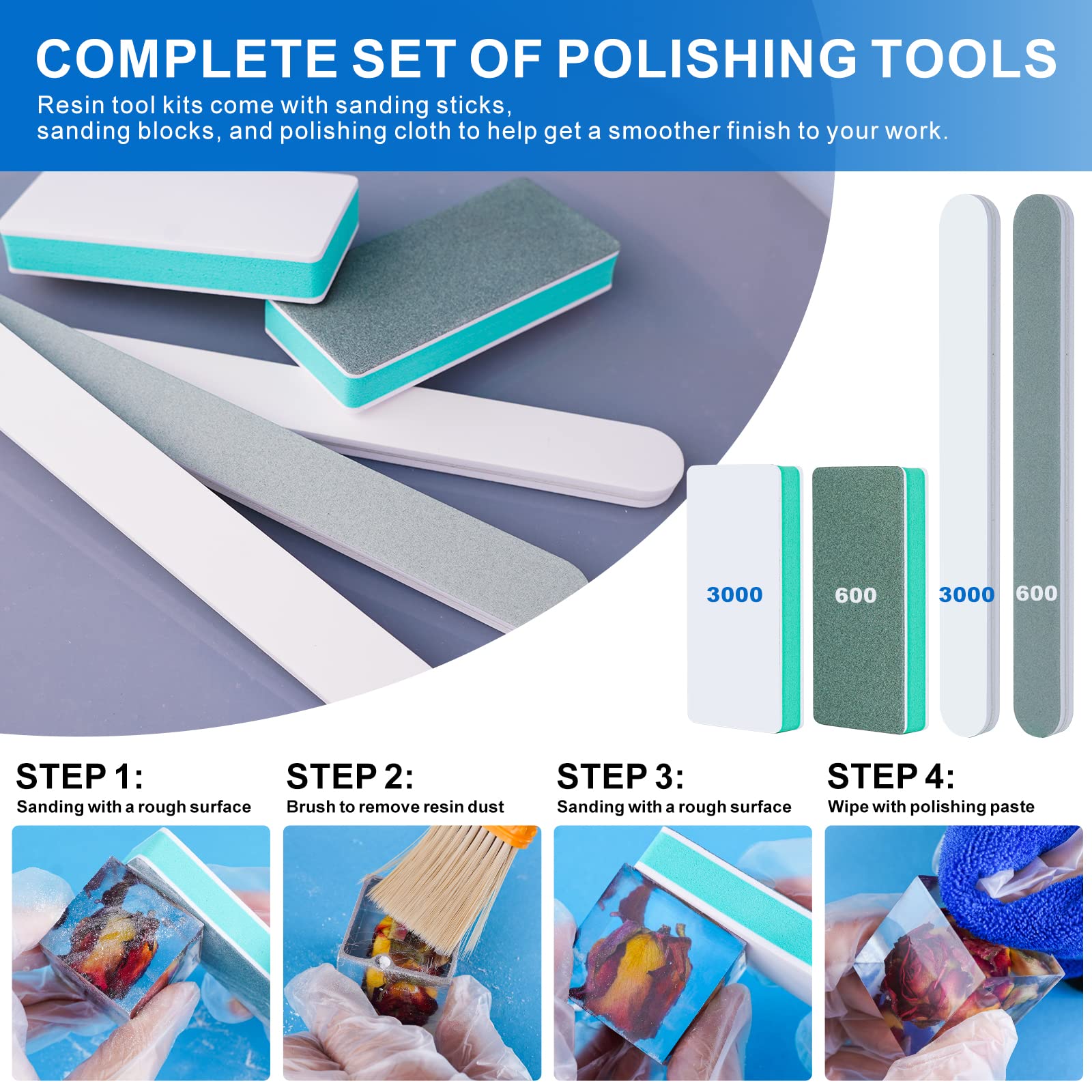 LET'S RESIN Polishing Kit,33Pcs Resin Supplies with Sandpaper,Resin File Kit,Polishing Strips&Blocks,Scissors,Wooden Brush,Cloth, Tools for Jewelry Making Supplies, Silicone Molds
