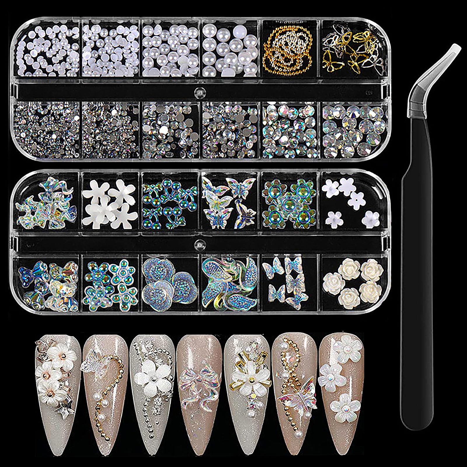 NLFOX 3D Nail Charms - Crystal Nail Gems for Nail Art - Flat Back Nail Rhinestones & Pearls - Aurora Bear Flowers Bow Nail Art Charms - Silver Gold Chains Nail Stuff for Nail Decorations