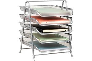 Mind Reader 5-Tier Paper Tray Organizer, Vertical Desktop File Storage Rack, Office, Metal Mesh, Silver