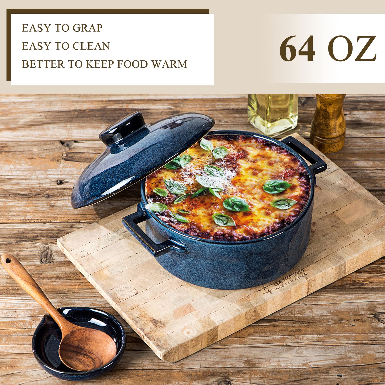 vicrays Casserole Dish with Lid - Ceramic Lasagna Pan Deep 2 Quart Round Baking Dishes Covered Bakeware for Oven Safe Serving Dish with Handles for Party Dinner Banquet Daily Use (Blue)