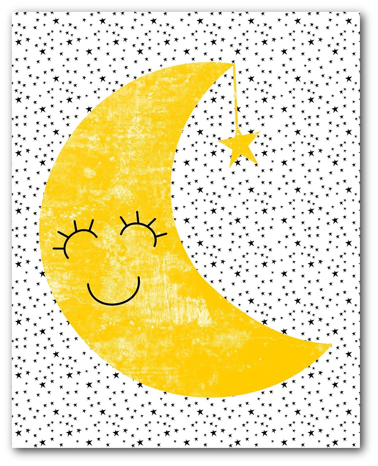 Happy Moon and Stars Print, Nursery Lunar Art, 8 x 10
