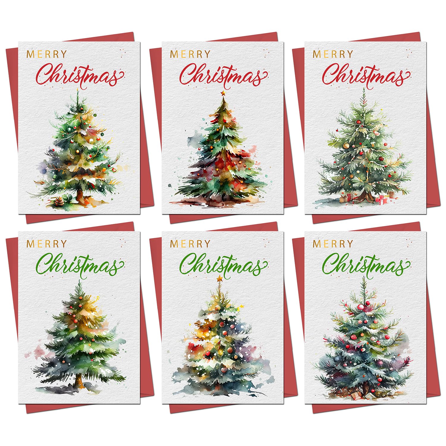 Christmas Cards Boxed | 30 Pack Xmas Cards Multipack | 6 Unique Watercolour Christmas Tree Designs Festive Seasons Greetings For Friends Family 2025