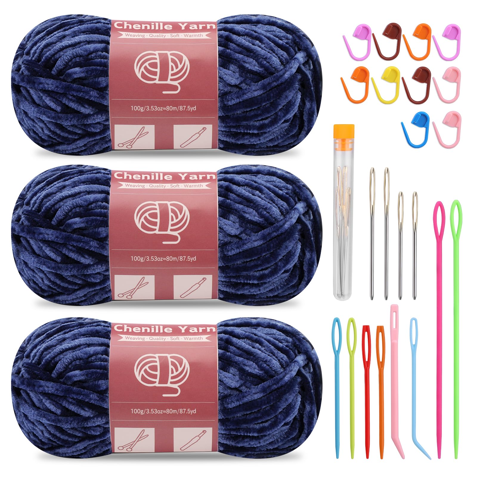 SUVSOON 3 * 100g Chenille Yarn, Velvet Yarn for Crocheting and Knitting with Needles Stitch Marker Handcrafts Weaving Soft Chenille Yarns for Blankets, Clothes, Pattern Knitting(Dark Blue) — image 1