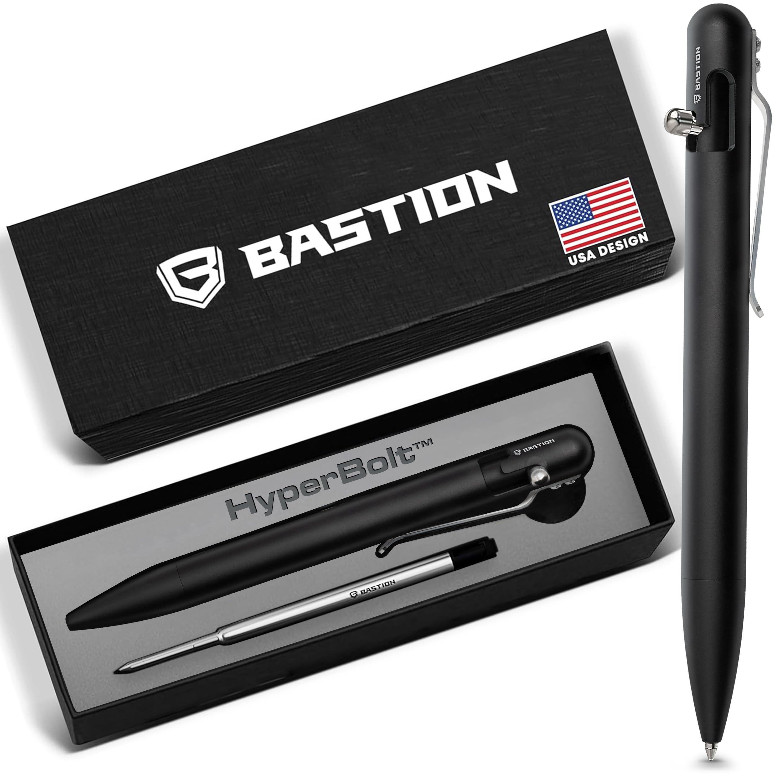 BASTION Luxury Gift Pen Exclusive Hyperbolt™ Aluminium Black Ballpoint, Executive Metal Writing Instrument, premium construction, ideal for professionals, perfect for office or personal use