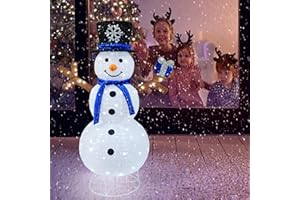 MEETJOYANCY Outdoor Snowman Lighted, Pop-Up Snowman Outdoor Yard Christmas Decorations Prelit 100 Lights, Collapsible Lighted Snowmen Wears Blue Scarf and Holds Light Up Gift Box for Home Porch Yard Décor-Blue