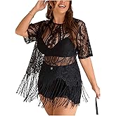 SOLY HUX Women's Plus Size Sheer Lace T Shirt Fringe Hem Short Sleeve Tee See Through Summer Tops