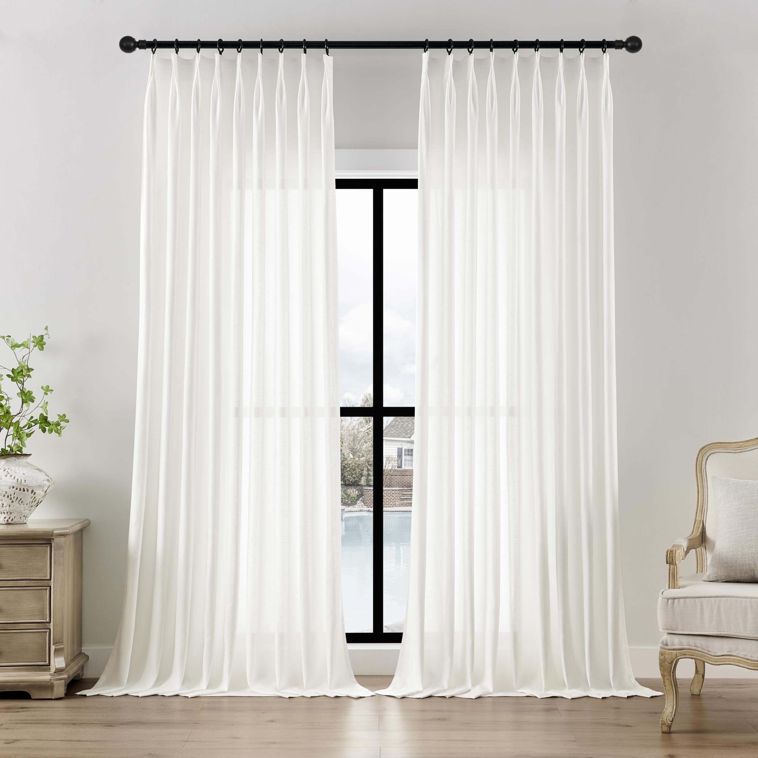 Photo 1 of HUTO Pinch Pleated Sheer Curtain Panels 96 Inches Long Linen Texture Light Filtering Window Treatment Drape for Rustic Farmhouse Living Room Bedroom, 84"x100", White
