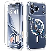GVIEWIN for iPhone 17 Pro Case Compatible with MagSafe, with Screen Protector Upgraded [Full Camera Protection] [Non Yellowing] Floral Slim Shockproof Clear Women Phone Cover (Butterfly Swirl/Blue)