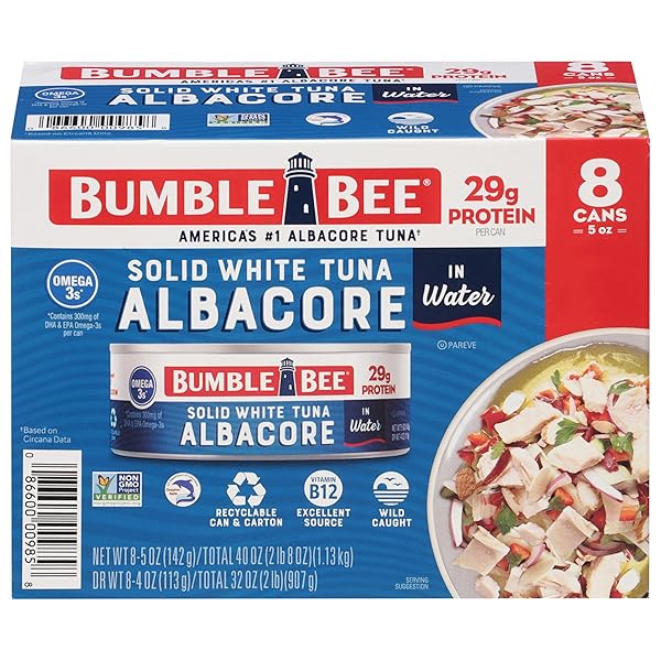 BUMBLE BEE SOLID WHITE ALBACORE TUNA IN WATER, 5 OZ CAN (PACK OF 8) – WILD CAUGHT TUNA – 29G PROTEIN PER SERVING, HIGH IN OMEGA-3S – NON-GMO PROJECT VERIFIED, GLUTEN FREE, KOSHER