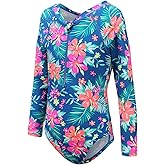 Girls Long Sleeve Rash Guard One Piece Swimsuit Kids UPF 50+ Sun Protection Swimwear Rainbow Striped Bathing Suit 3-14 Years