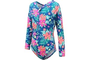 MARDONSKEY Girls Long Sleeve Rash Guard One Piece Swimsuit Kids UPF 50+ Sun Protection Swimwear Rainbow Striped Bathing Suit 3-14 Years