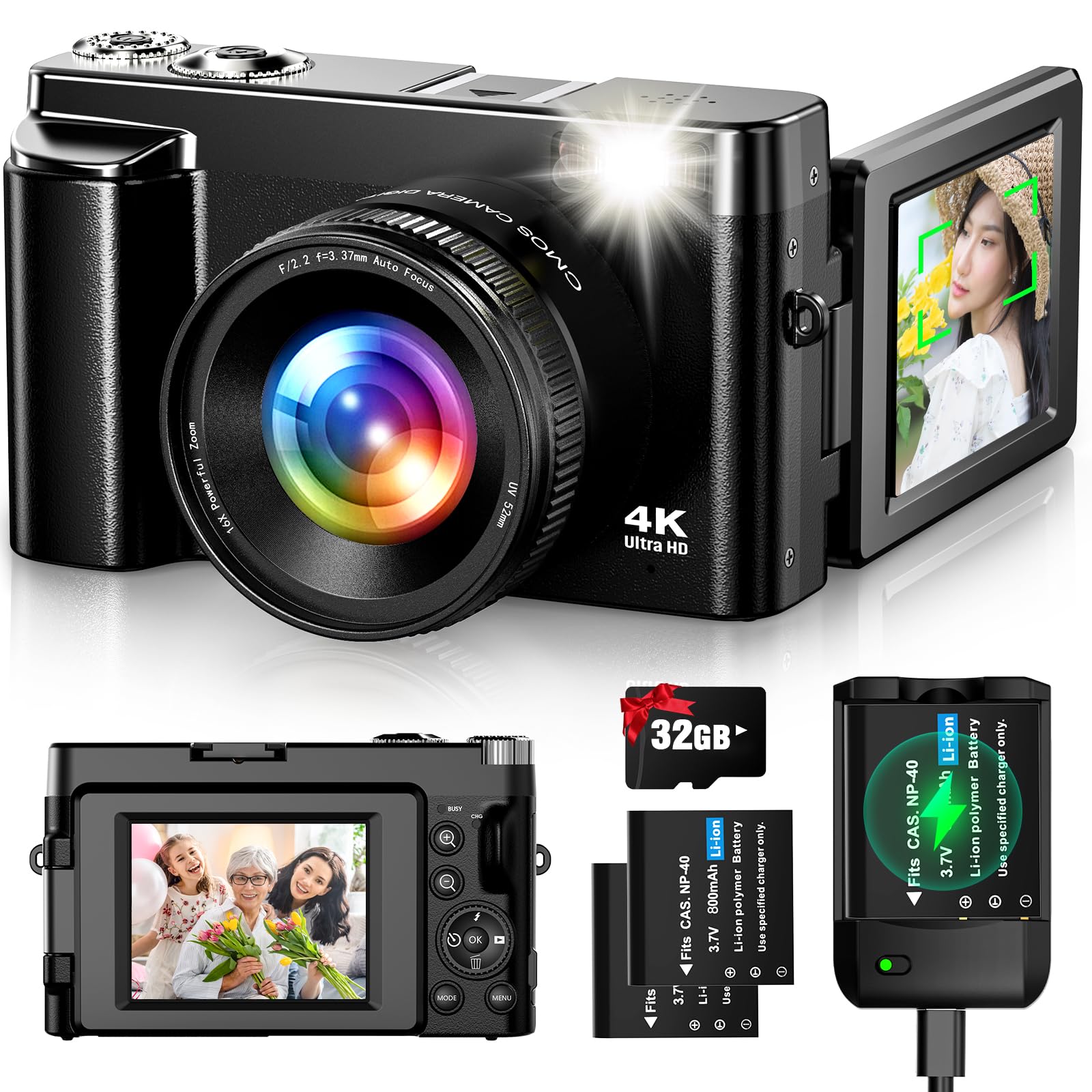 Oiadek デジタルカメラ 4K 4800万画素 デジカメ 32GBマイクロSDカード付き バッテリー充電器付き オートフォーカス機能 180度回転可能ディスプレイ 16倍ズーム 手振れ補正 ウェブカメラ 自撮り便利 3インチ大画面 美顔フィルター 52mmUVフィルター付属 バッテリー2枚 コンパクト商品画像