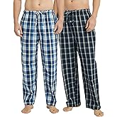 Vulcanodon 2 Pack Men's Cotton Pajama Pants, Soft Woven Pajama Pants for Men Plaid Pj Bottoms
