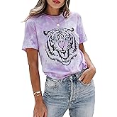 Tie Dye Shirt Womens Animal Tiger Graphic Tees Tops Summer Casual Loose Short Sleeve T-Shirt Blouse