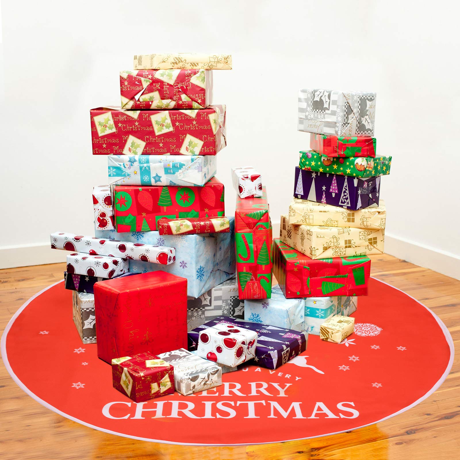 Voilamart Christmas Tree Skirt 47 Inch, Christmas Tree Decoration 2019 Upgrade Version with Reindeer Snowflakes and Snowman Christmas Tree Base Cover for Xmas & Party Holiday Home Decorations