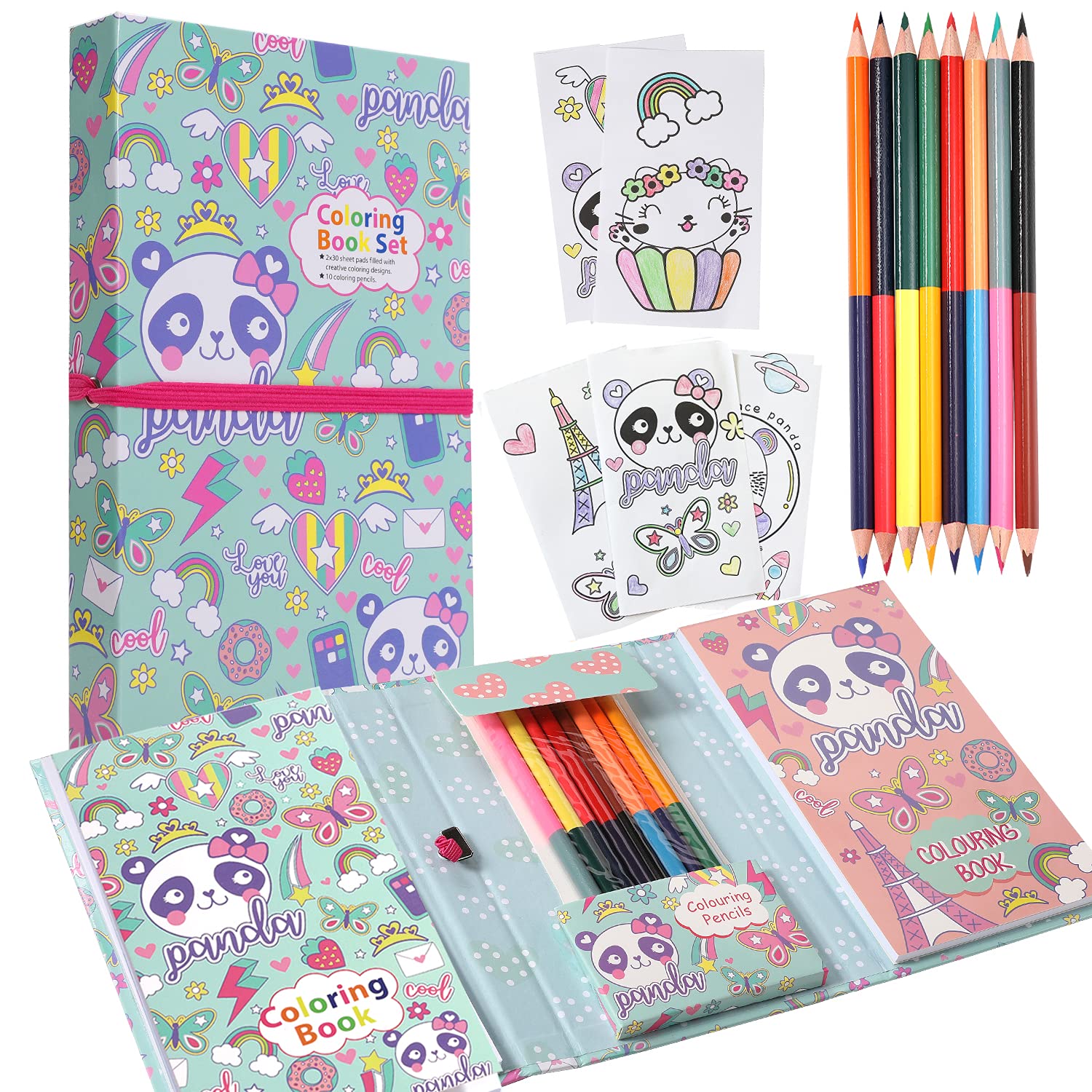 Pinkgarden Coloring Pads Kit for Girls, Panda Coloring Book, 60 Coloring Pages and 16 Colored Pencils for Drawing Painting, Birthday Gift for Girls Boys Kids Ages 3-12 (Panda)