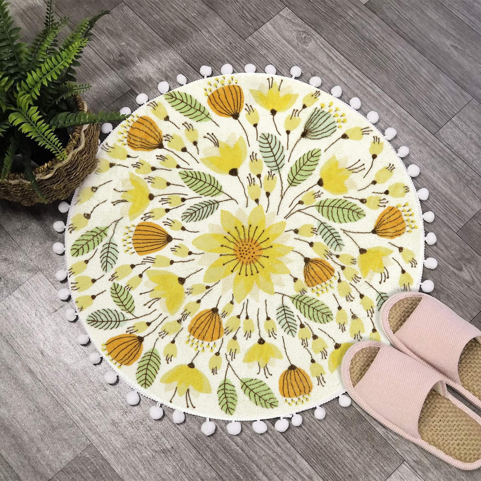 Photo 1 of Uphome Fall Round Rug 2’ Circle Cute Bath Mat with Pom Poms Fringe Floral Plant Washable Bathroom Rugs Soft Non-Slip Circular Throw Rug for Shower Sink Powder Room Nursery Bedroom, Yellow