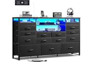 WLIVE Black TV Stand for 55, 60, 65 inch TV, Entertainment Center with LED Lights & Charging Station, TV Media Console Table with 15 Fabric Drawers and Open Shelves for Living Room, Hallway, Wood Topm