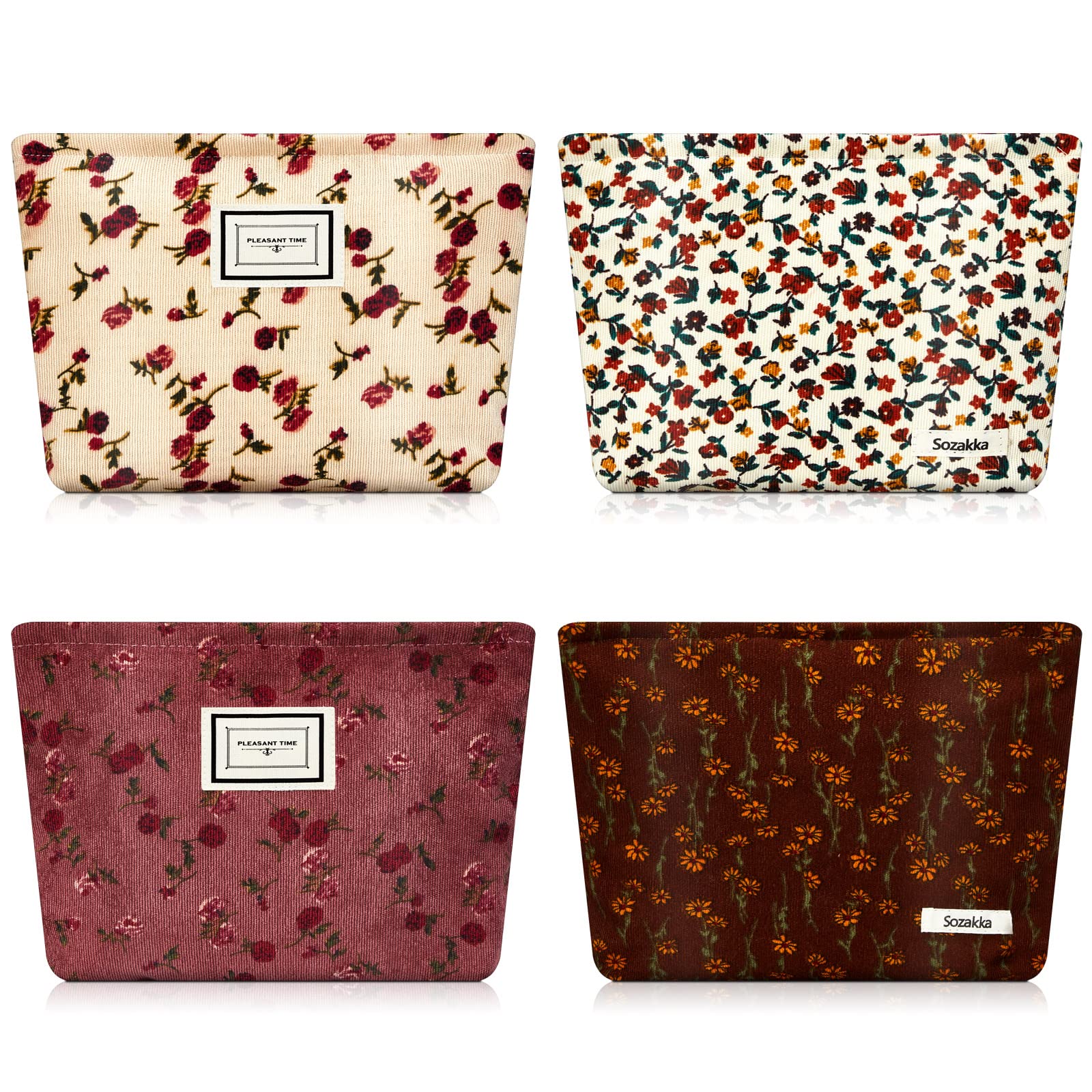 Photo 1 of Sanwuta 4 Pcs Corduroy Cosmetic Bags Floral Makeup Bag Corduroy Cosmetic Pouch Flower Travel Toiletry Zipper Bag Large Capacity Aesthetic Purse Organizer Cute Handbags for Women, Girls Gifts, 4 Styles