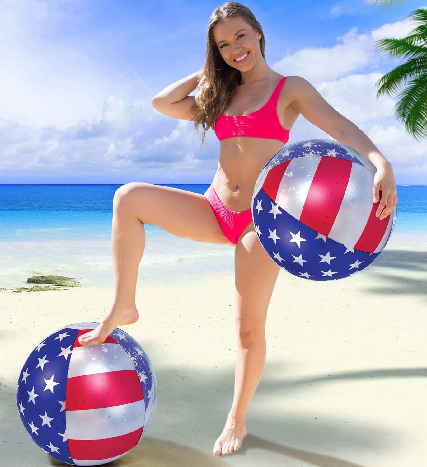 POZA 2 Pack Inflatable Pool Beach Balls - Premium Luxurious 16 Inch Large Beach Balls Filled with Sparkle Silver Stars Confetti, Cool Pool Party Float for Swimming Pool, Beach & Lake USA Flag: Sports & Outdoors
