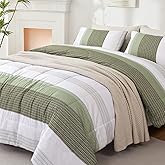 PERFEMET Olive Green Striped Comforter Set 3 Pieces Full Size Bedding with Colorblock Design | All-Season Soft Bed Set for Men and Teens | Modern Luxury Bedroom Decor
