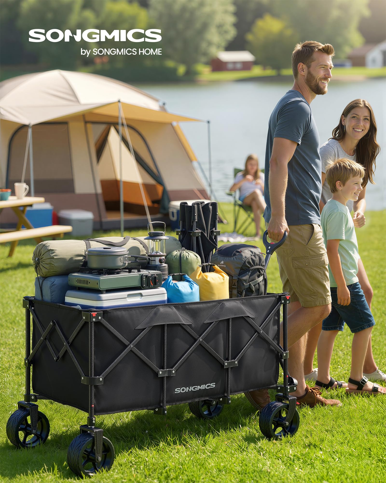 SONGMICS Handwagen faltbar, Bollerwagen, Gartenwagen, Campingwagen mit Griff, 4 abnehmbaren Rollen, Outdoor, Garten, 200 L, bis 150 kg belastbar, tintenschwarz GFW200B101 2