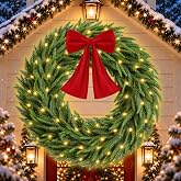 60 In Large Pre-lit Christmas Wreath with Red Bow 200 LED Lights 8 Lighting Modes 296 PVC Tips Giant Norfolk Pine Artificial Christmas Wreath for Xmas Outdoor Indoor Home Door Garage Wall Window Decor