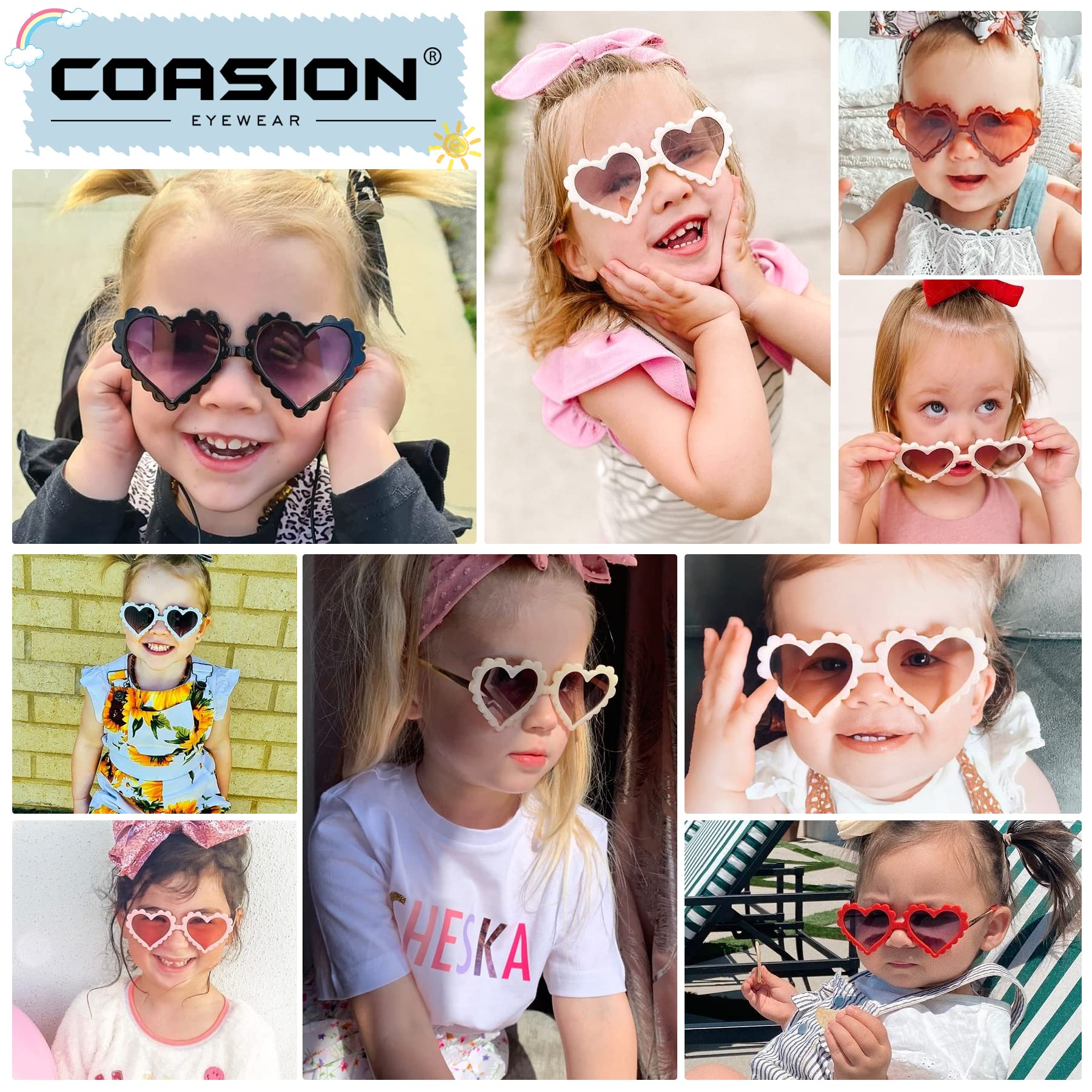 COASION Kids Heart Girls Sunglasses UV 400 Protection for Toddler Party Beach Shades Age 3-10