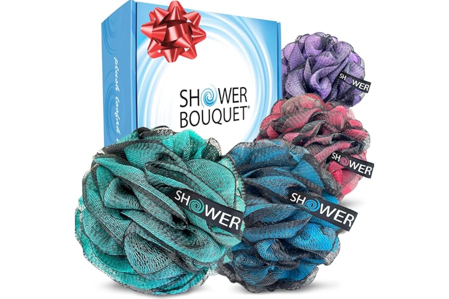 SHOWER BOUQUET Loofah-Charcoal Bath-Sponge XL-Color-4-Pack // Extra Large 75g Soft Mesh Black Luffa Loofa Loufa Puff Set/Exfoliating Body Scrubber for Women and Men – Exfoliate & Soothe Face & Body