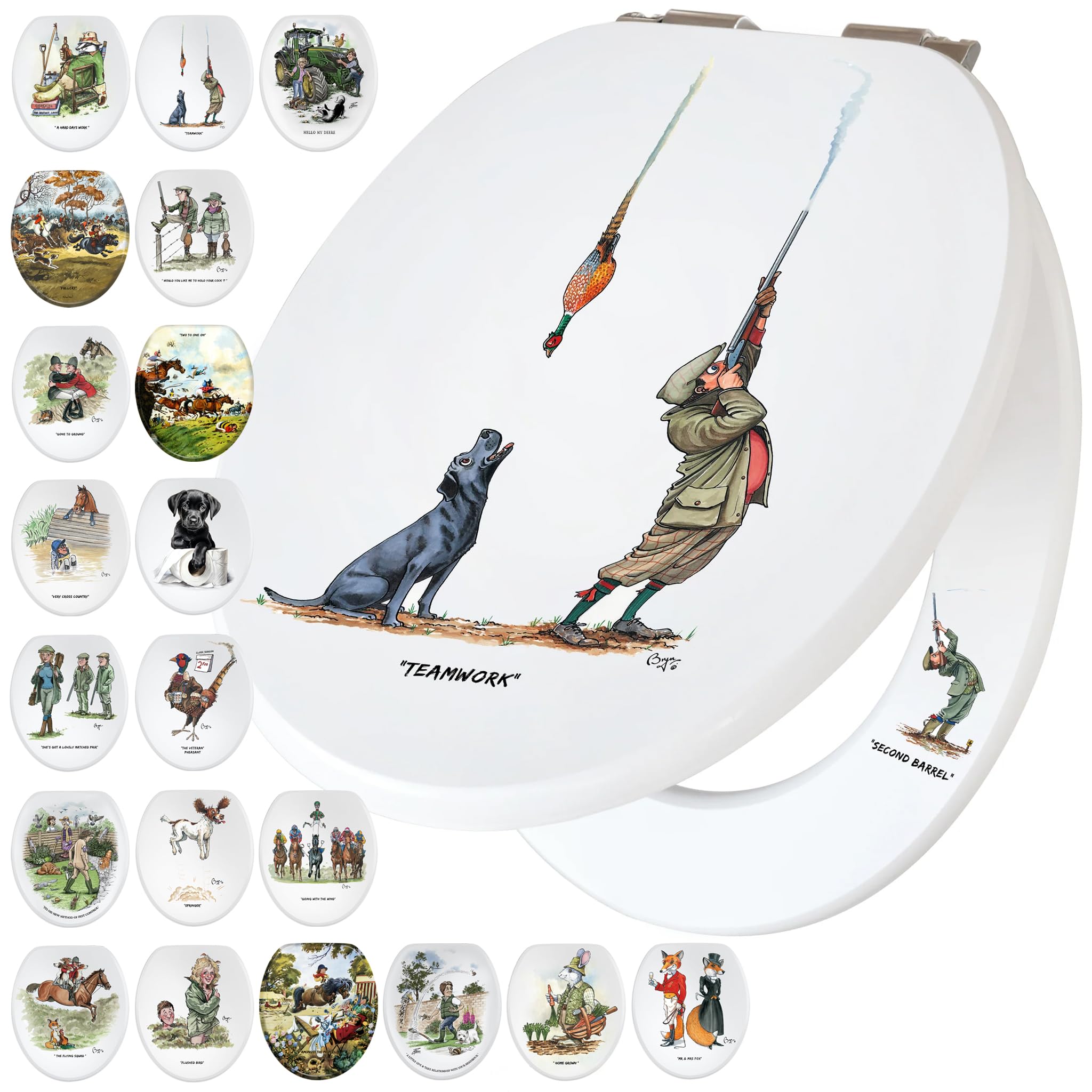 Fun Novelty Toilet Seat Soft Close, Easy Fit, Printed On 3 Surfaces with Bryn Parry Humorous Shooting, Gun Dog Artworks. A Great Gift Idea for Dad, Labrador Owners & Shooting Enthusiasts Alike.