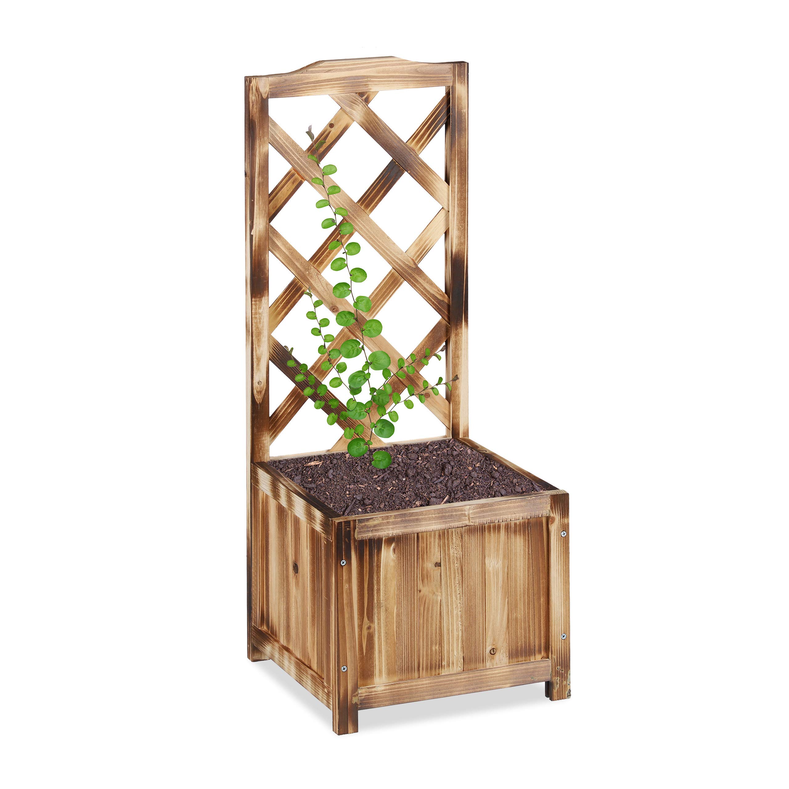 Relaxdays Planter Box with Trellis, Weatherproof, Wooden, Balcony, Garden Bed, Wine, 90 cm Lattice, Flamed