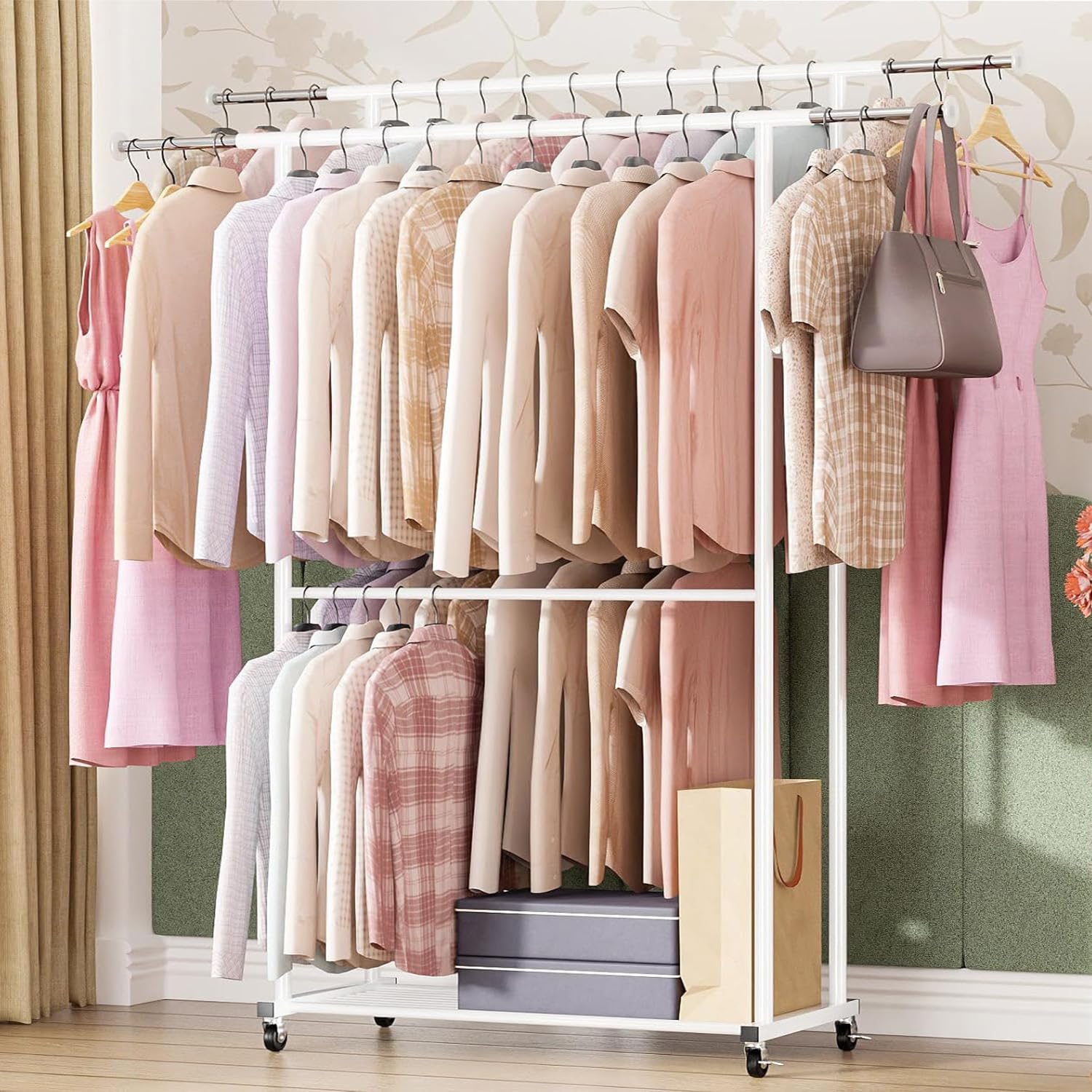 Photo 1 of MWQ Double Clothes Rack, Rolling Clothing Rack for Hanging Clothes, Garment Rack with Shelf and Casters, White