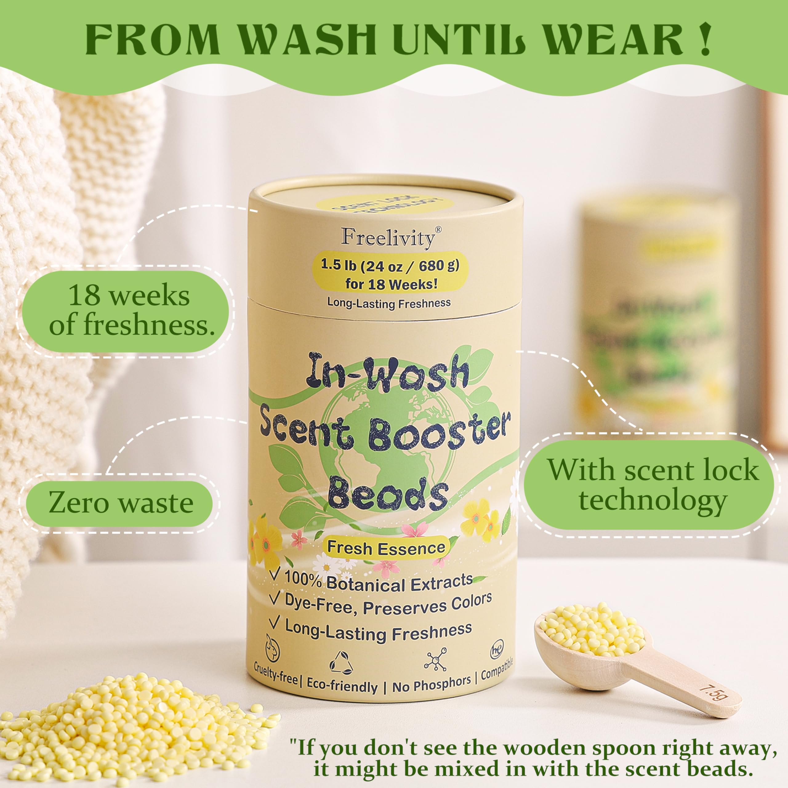 Freelivity In‑Wash Scent Booster Beads – Fresh Essence Scent, Laundry Beads fabric softener, 24 oz – Lasts Up to 70 Washing Cycles – Eco‑Friendly & Safe for Babies and Kids